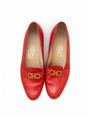 Salvatore Ferragamo Red Leather Loafers with Gold Gancini sz 9